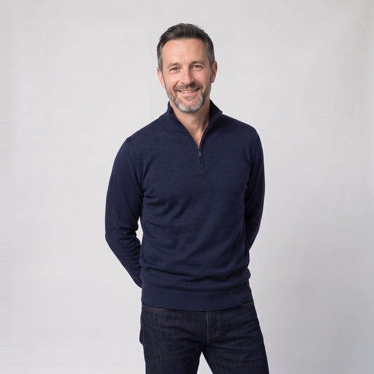 Man wearing the zip neck knit jumper with high structured collar