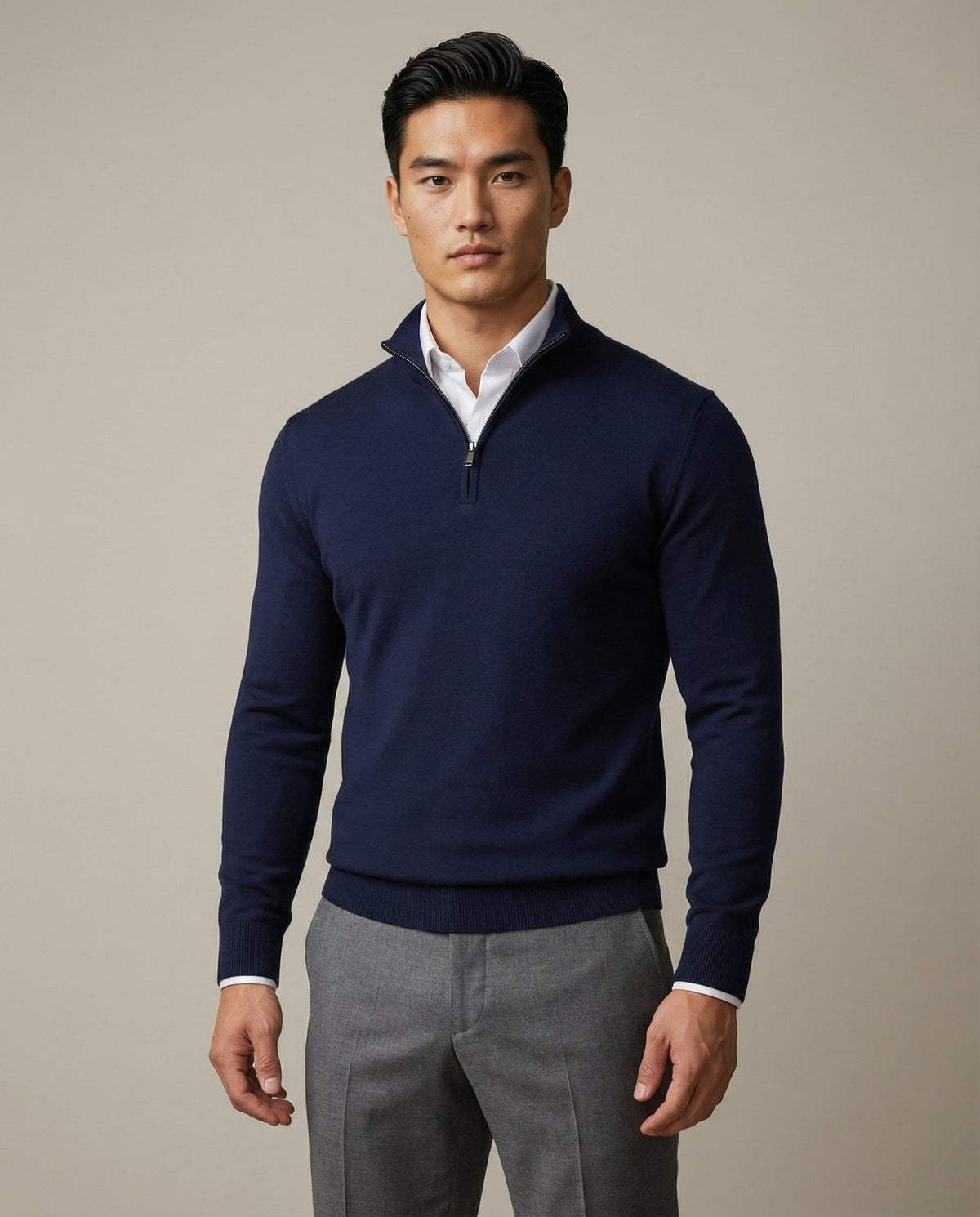 Men's zip neck knit jumper with high structured collar in navy