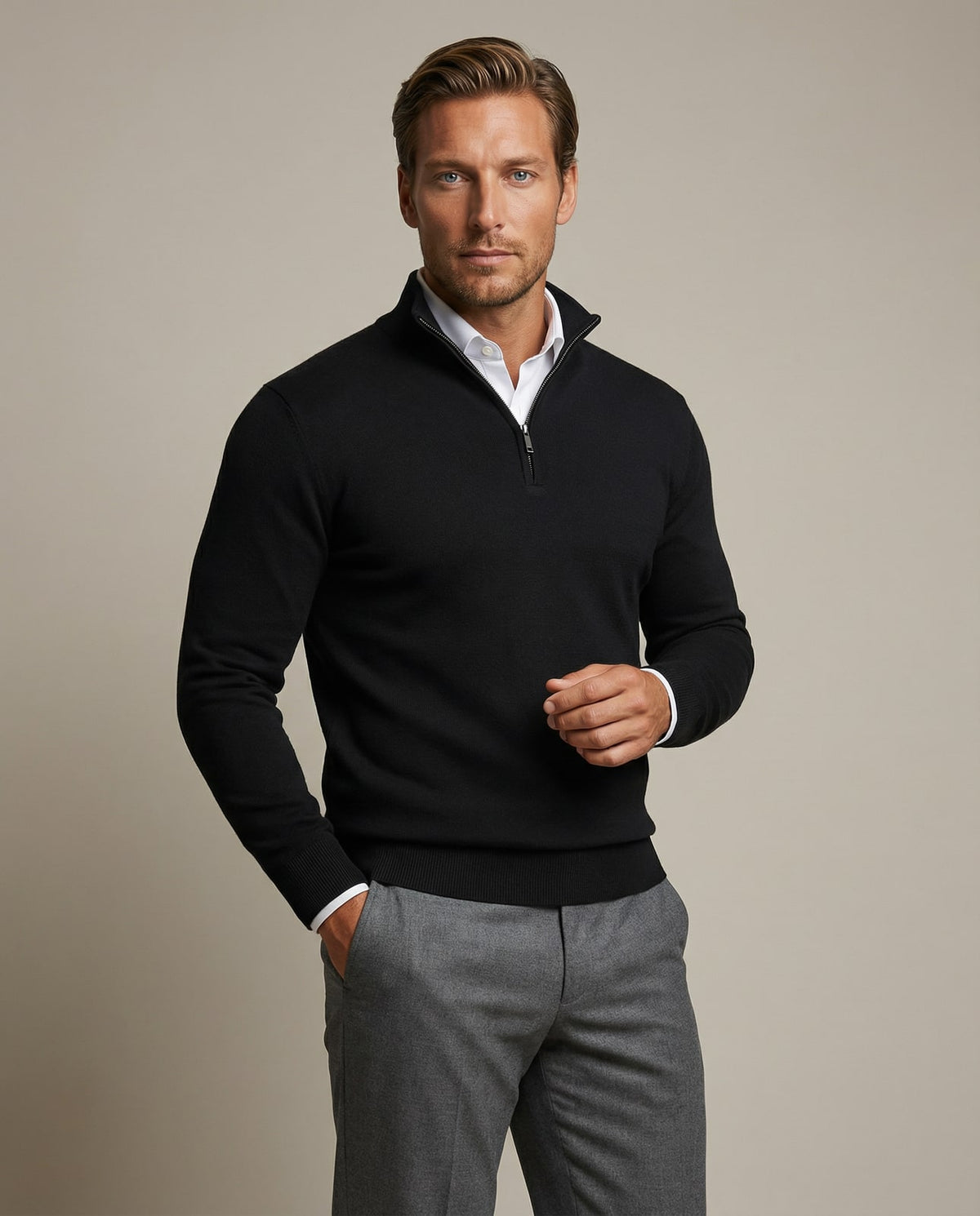 Men's zip neck knit jumper with high structured collar in black